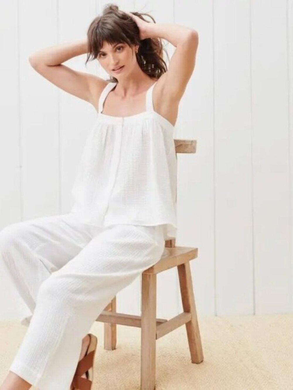 Jenni Kayne Cypress Button Front Tank Top Cotton Gauze Square Neck